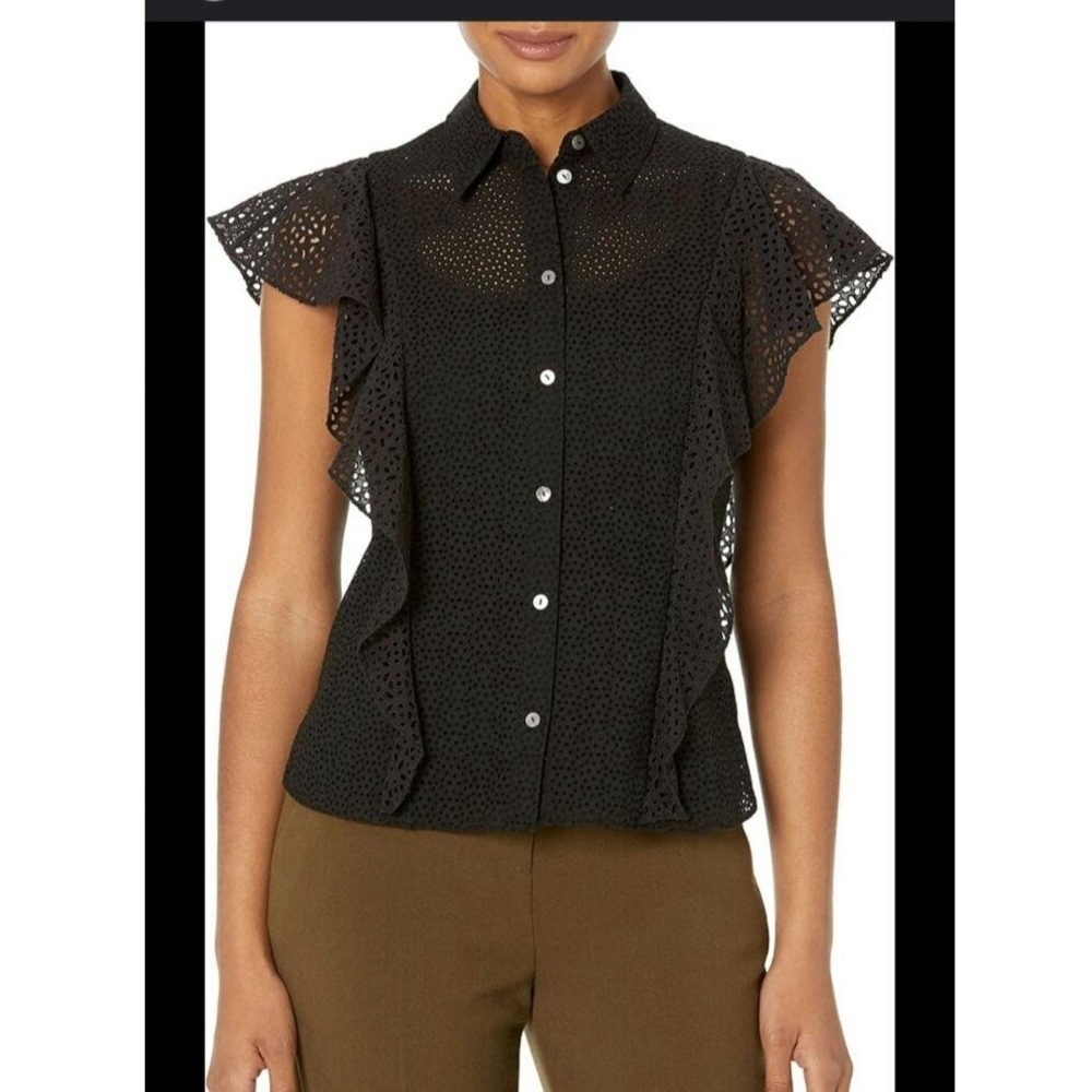 Theory Nova Black Eyelet Ruffle Sleeve Button Down Collared Blouse Top Medium